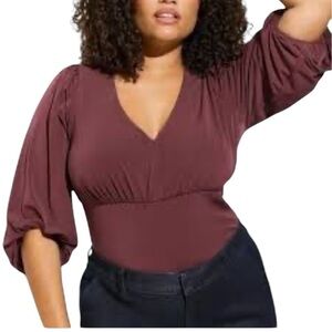 Torrid Studio Knit Casual Chic V Neck 3/4 Puff Sleeve Shirred Top 3X Sassafras